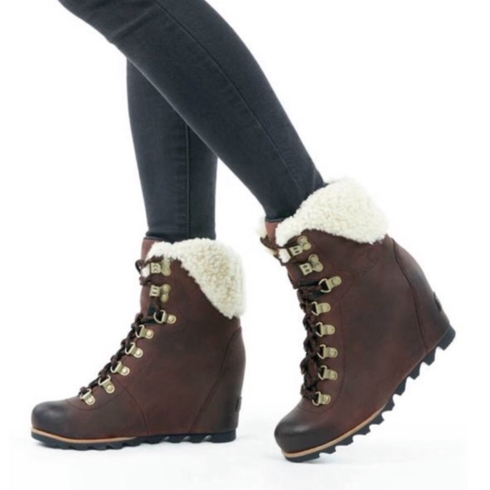 SOREL Conquest Shearling Lined Hidden Wedge Genuine Leather Lace Up Winter Boots - Picture 7 of 14